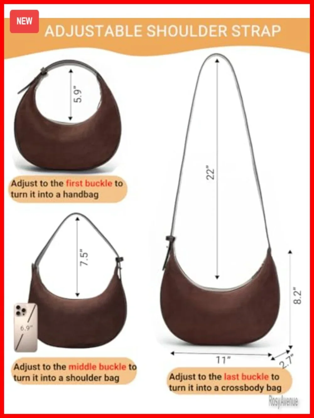 Faux Suede Crossbody Hobo Bag with Adjustable Strap